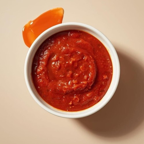 professional food photography, top-down view, white ceramic bowl filled with arrabbiata sauce, tomato-based sauce with fine chunky pulp texture, small irregular tomato pieces (0.5–1 cm), rich vibrant red color slig.jpg